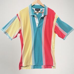 VNTG Southport USA Polo Shirt L Bold Stripe Colorblock 90s Surf Dadcore Y2K Vibe